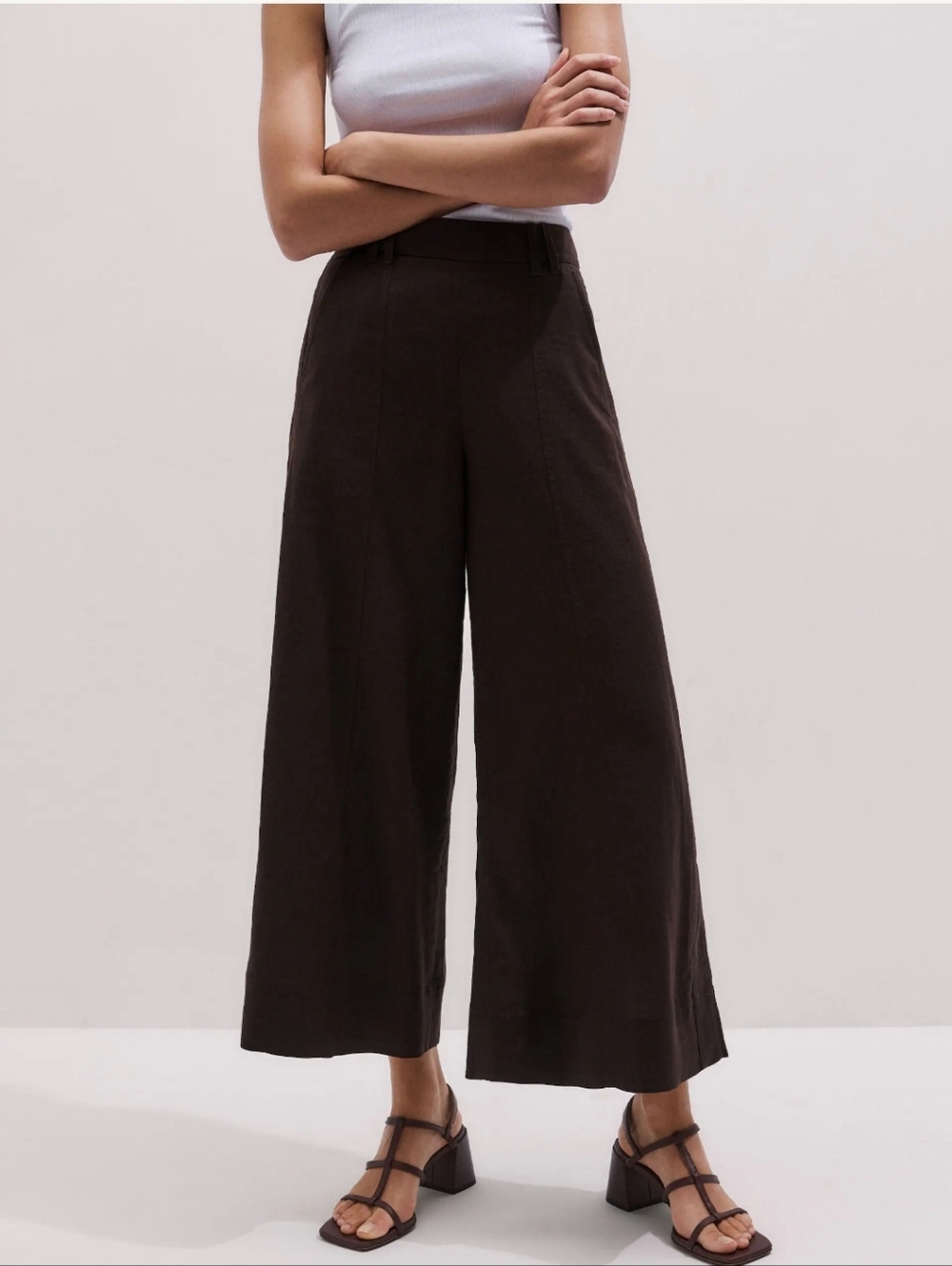 NWT Me +Em Creaseless Linen Blend Cropped Wide-Leg Pant Summer Chocolate